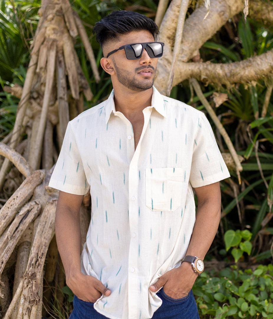 Ikat White-Green Mens Short-Sleeved Shirt