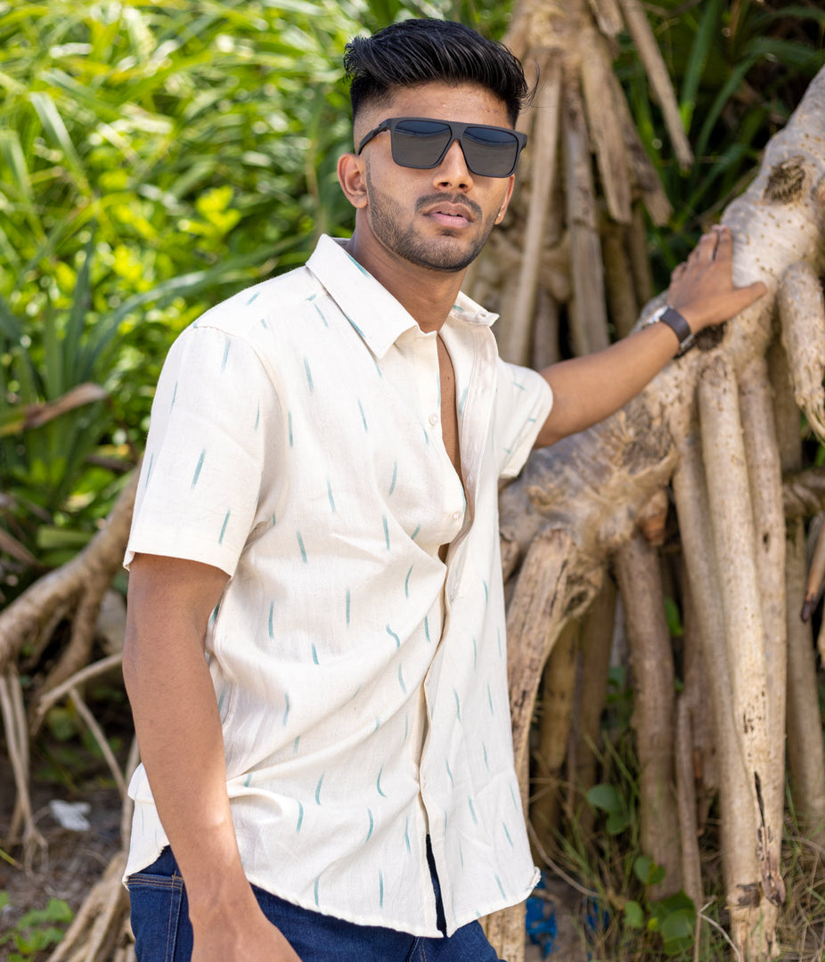 Ikat White-Green Mens Short-Sleeved Shirt
