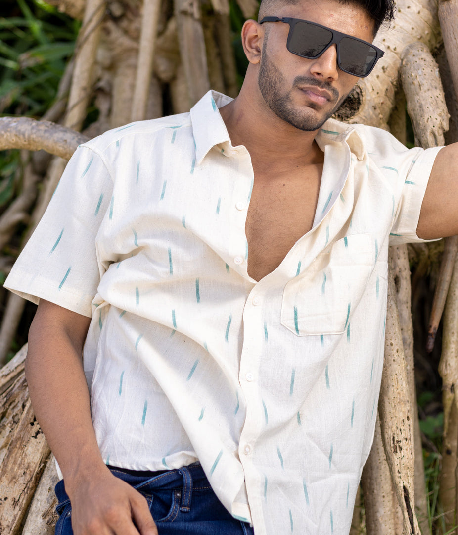 Ikat White-Green Mens Short-Sleeved Shirt