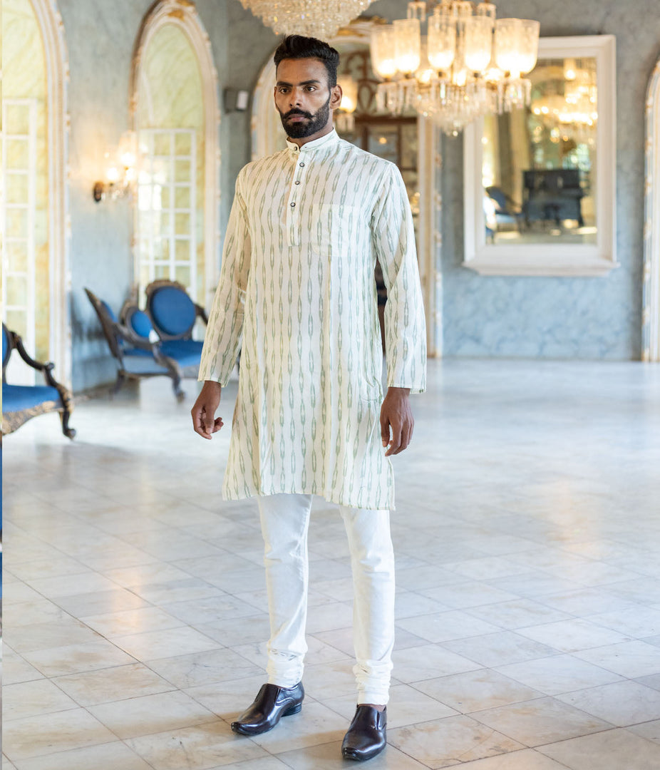 Ikat White-Green Patterned Mens Long Kurta