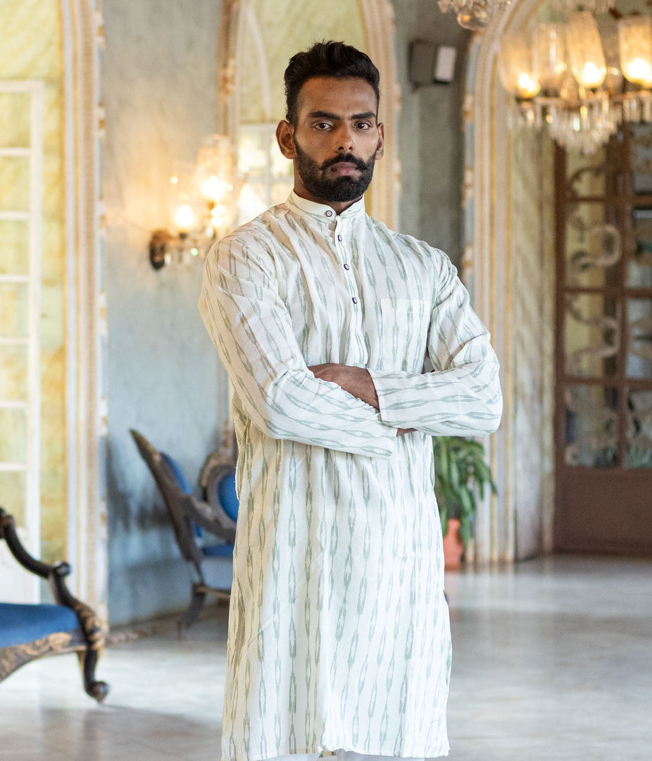Ikat White-Green Patterned Mens Long Kurta