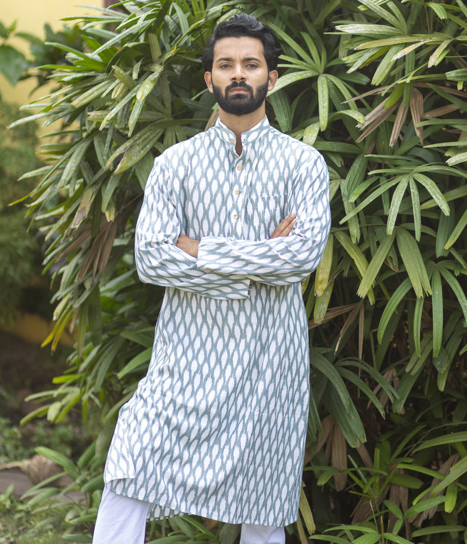 Ikat White-Olive Patterned Mens Long Kurta