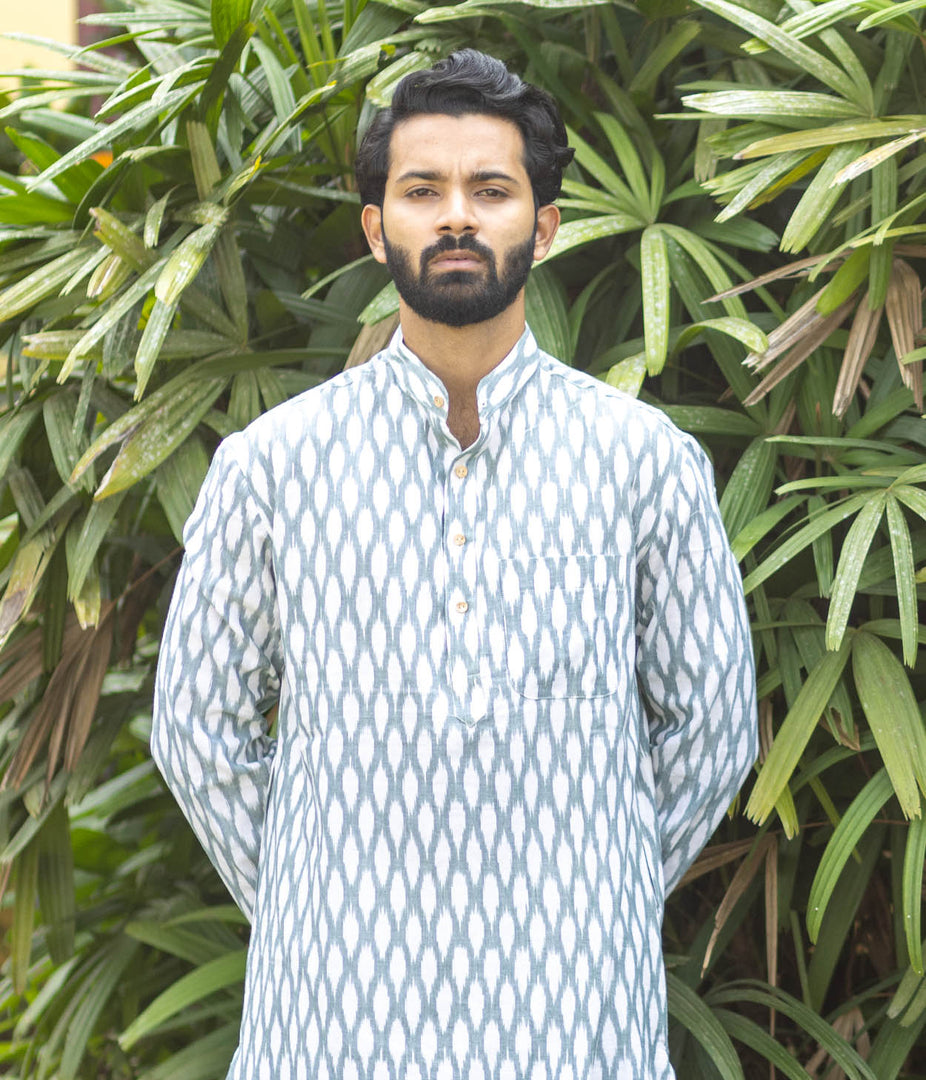 Ikat White-Olive Patterned Mens Long Kurta