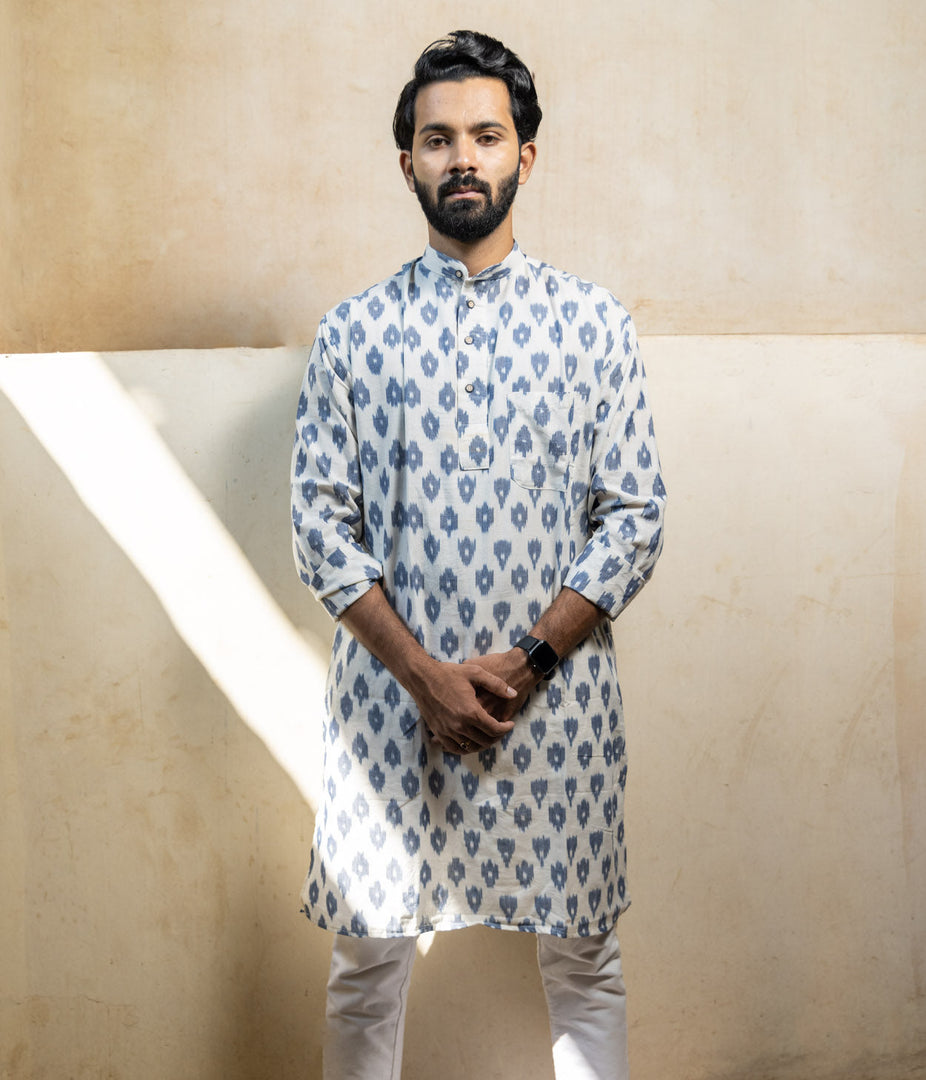 Ikat White-Blue Patterned Mens Long Kurta