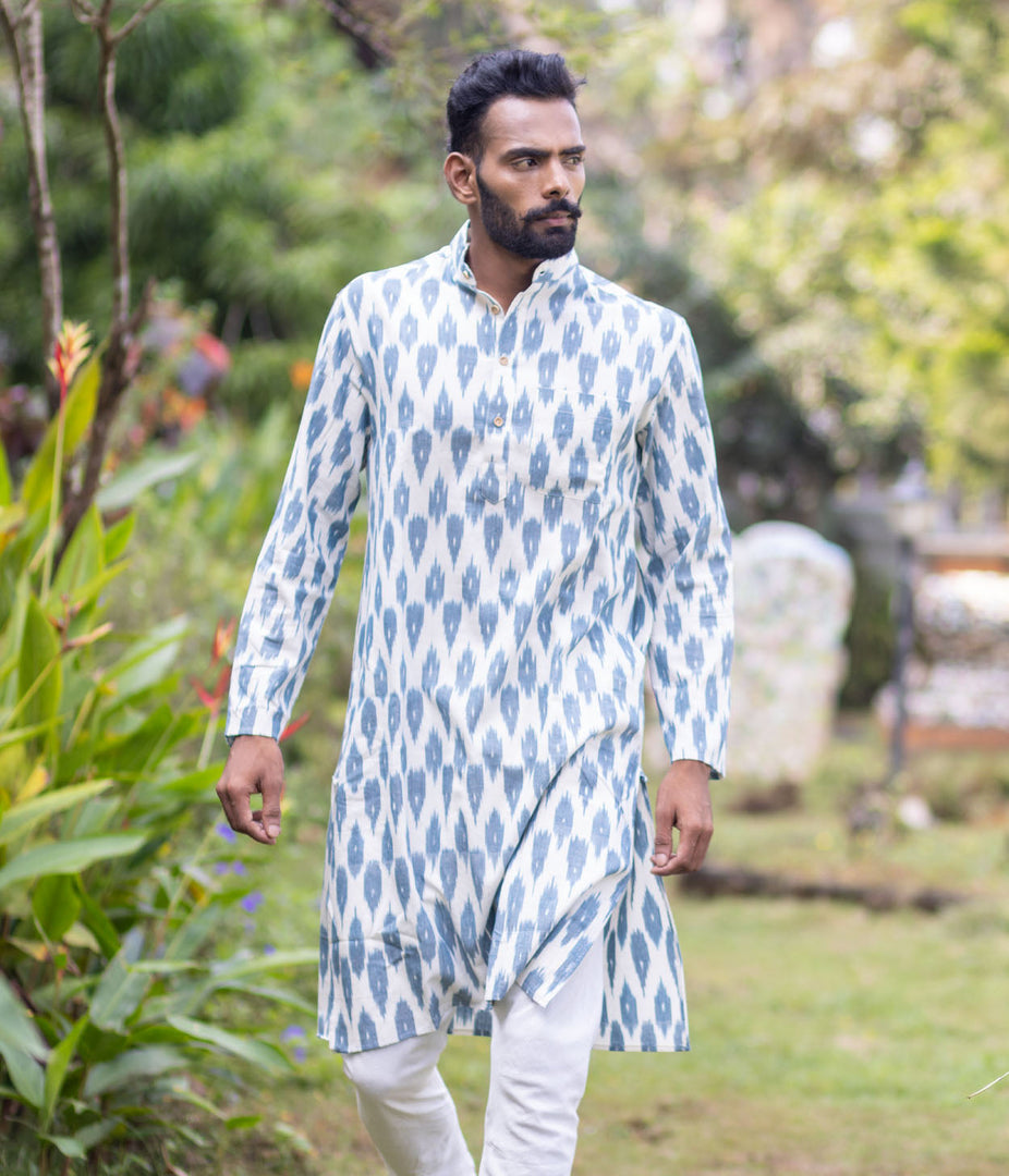 Ikat White-Slate Blue Patterned Mens Long Kurta