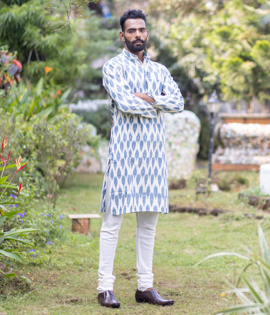 Ikat White-Slate Blue Patterned Mens Long Kurta