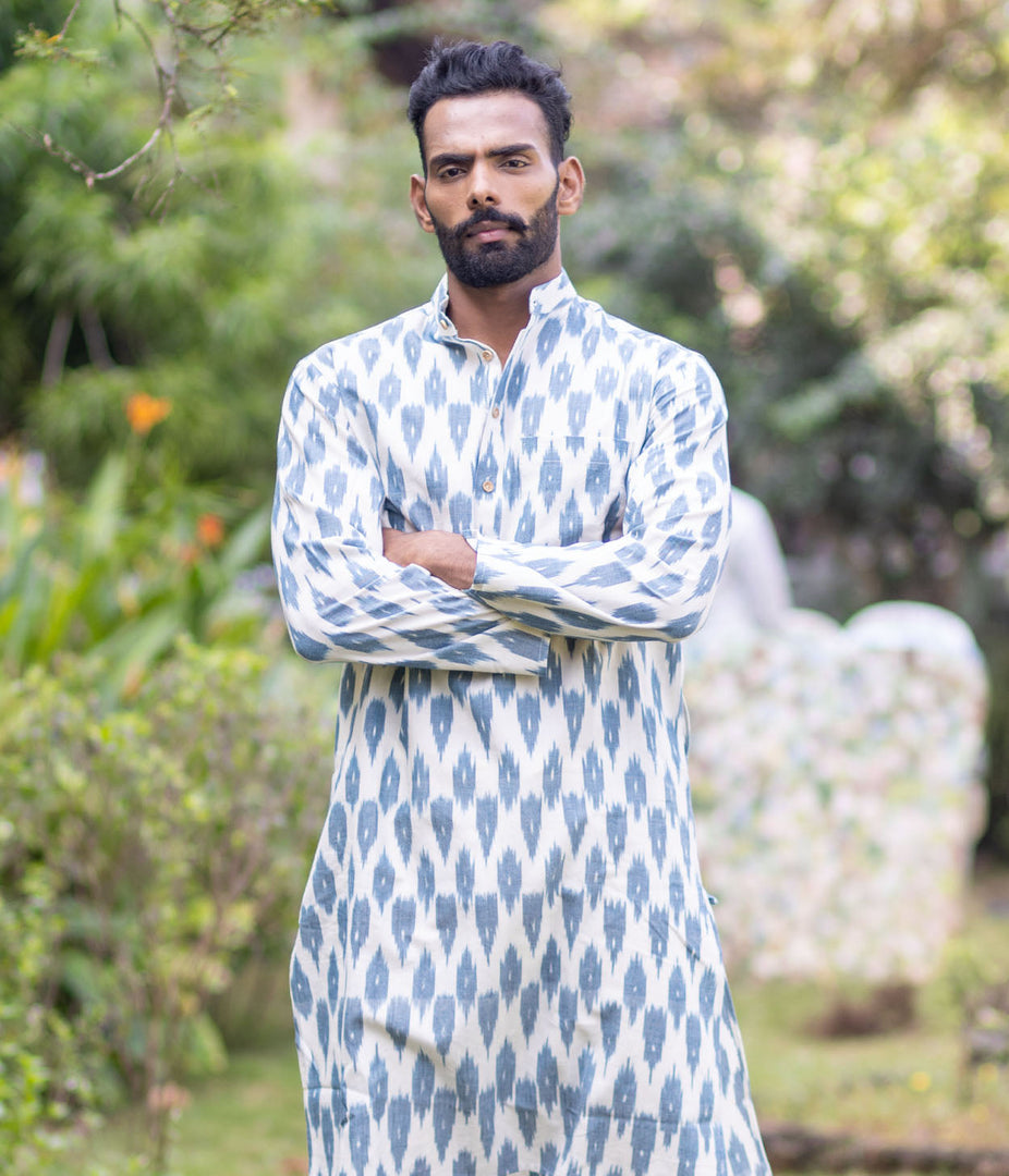 Ikat White-Slate Blue Patterned Mens Long Kurta