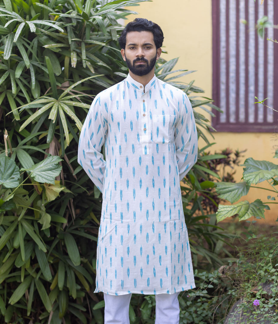 Ikat White-Turquoise Patterned Mens Long Kurta