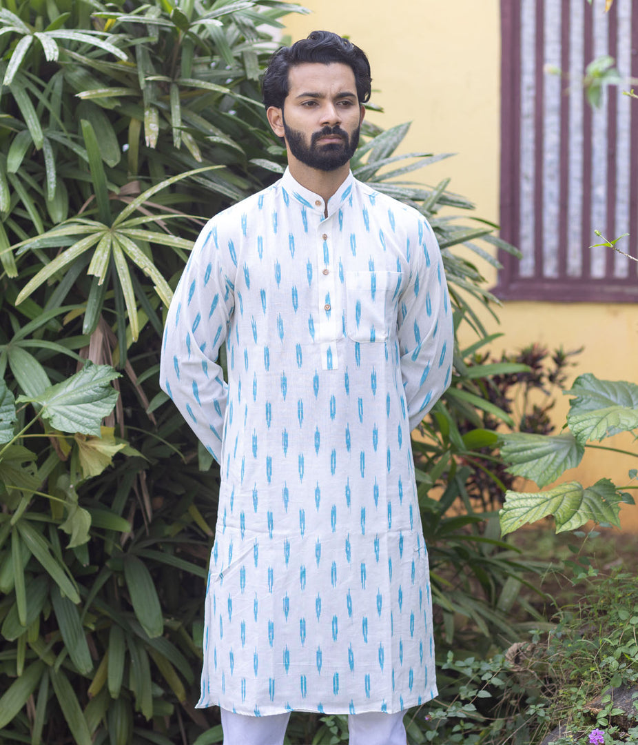 Ikat White-Turquoise Patterned Mens Long Kurta