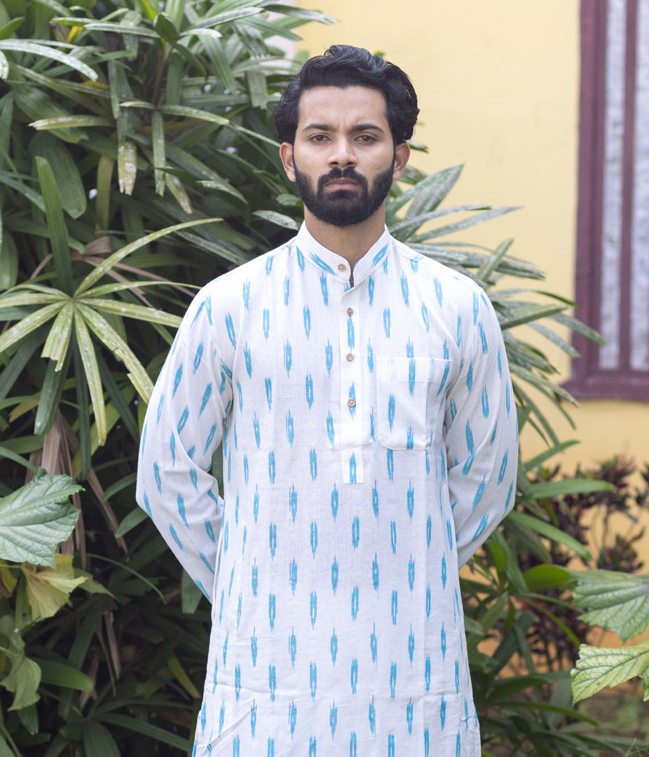 Ikat White-Turquoise Patterned Mens Long Kurta