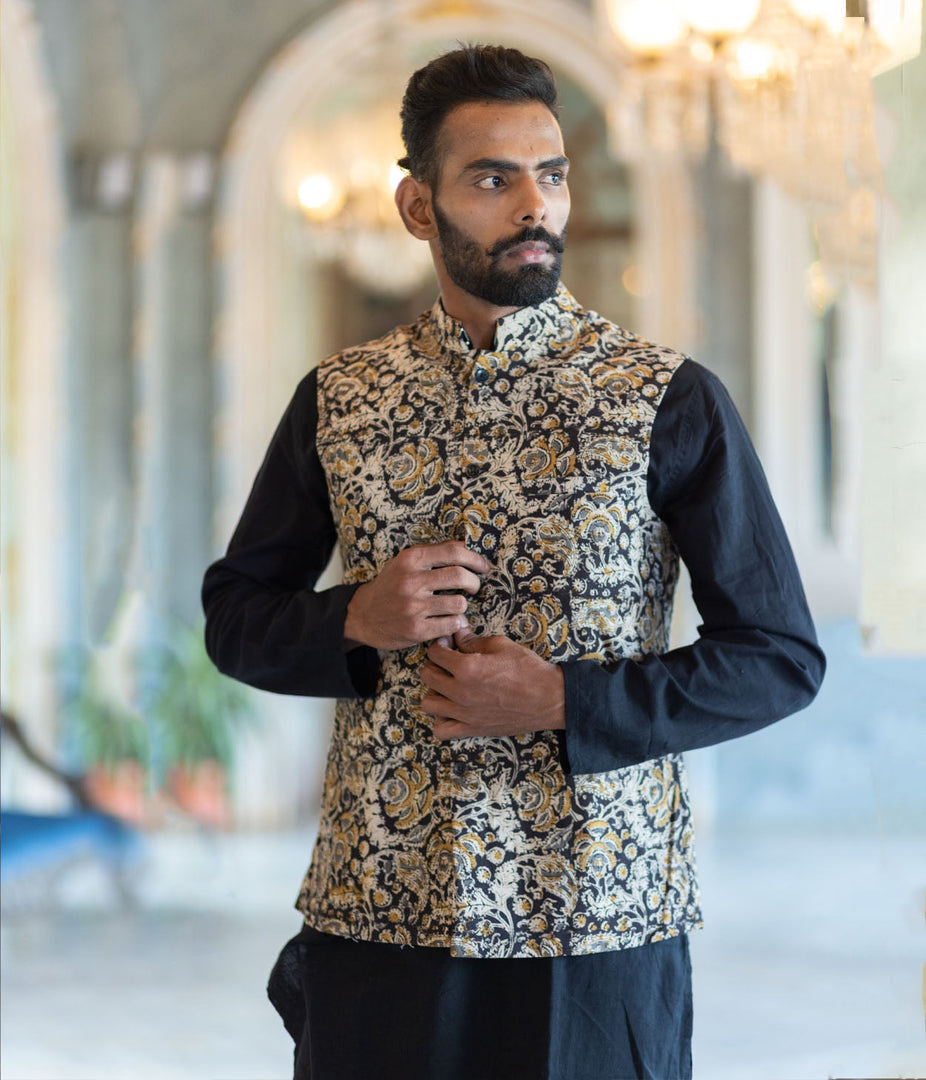 Kalamkari Black Motifs Mens Nehru Jacket