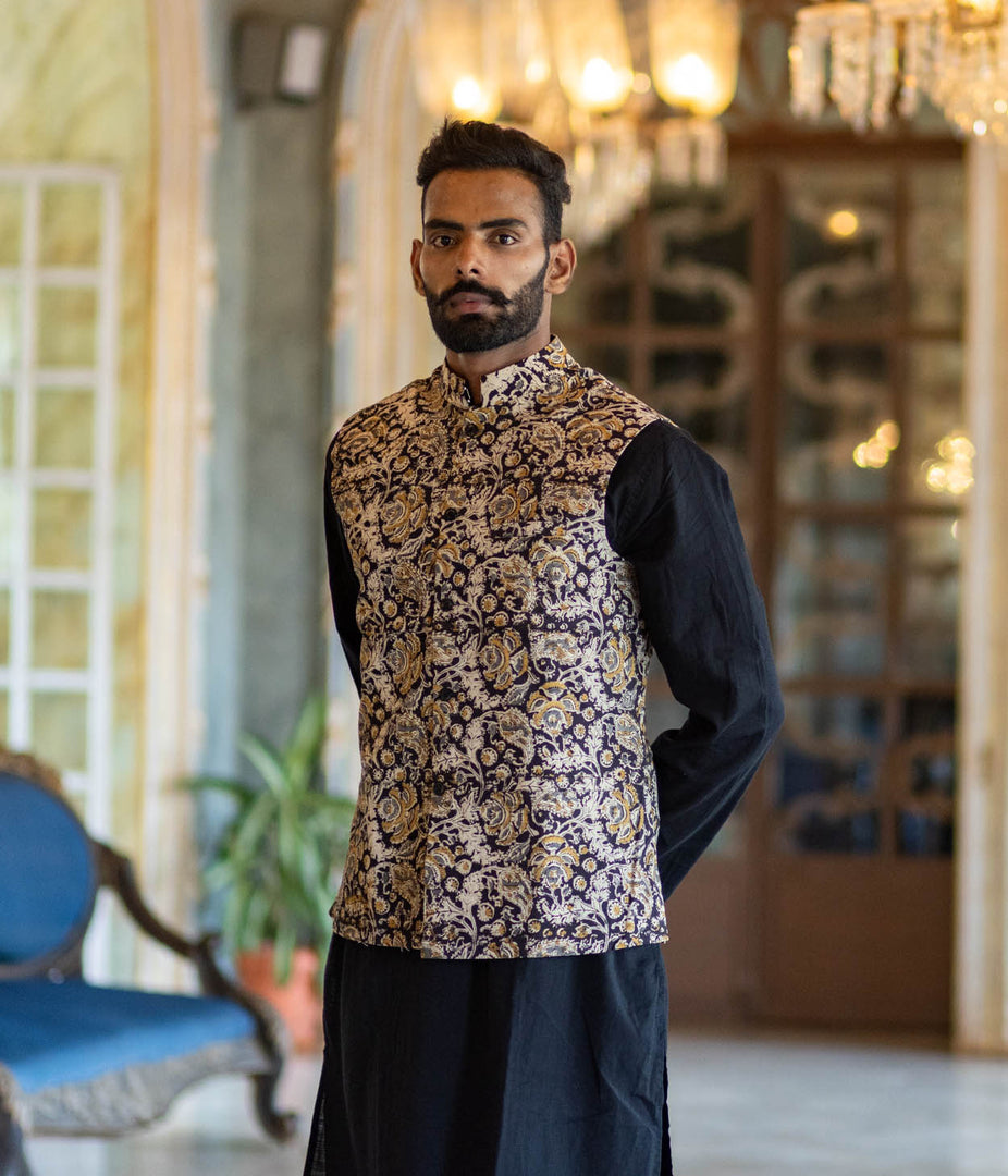Kalamkari Black Motifs Mens Nehru Jacket