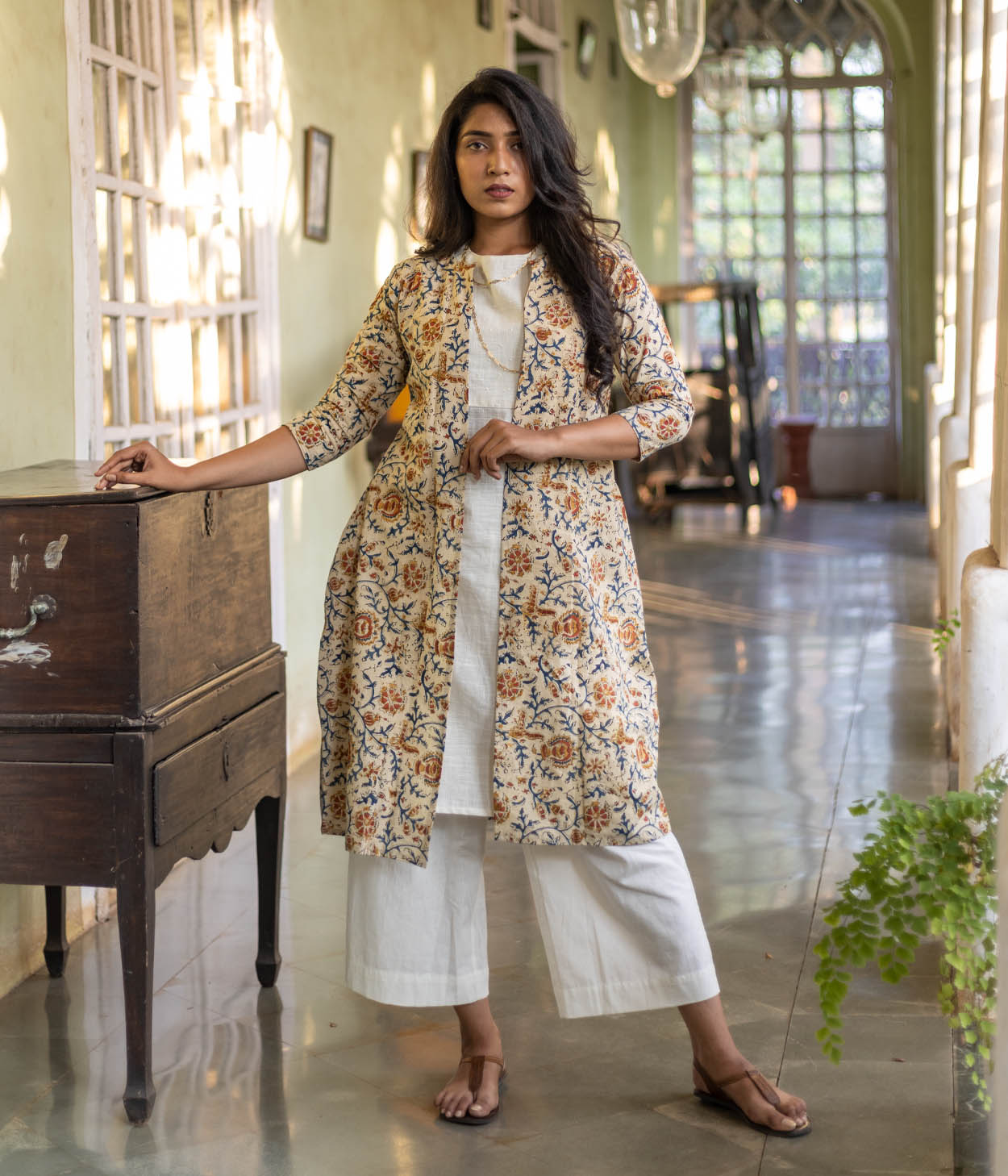 Kalamkari Blue Motifs Women s Long Jacket