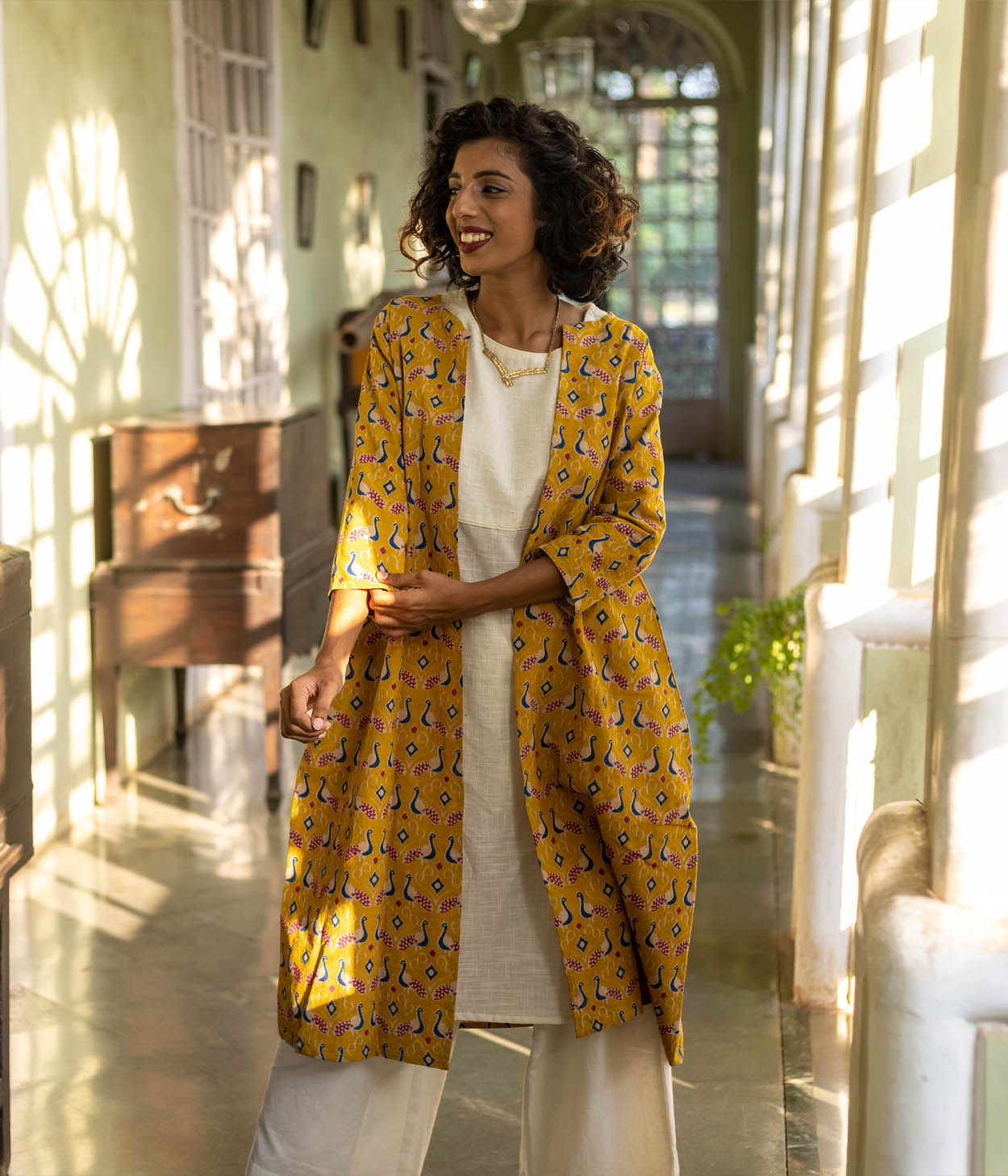 Kalamkari Mustard Patterned Women s Long Jacket