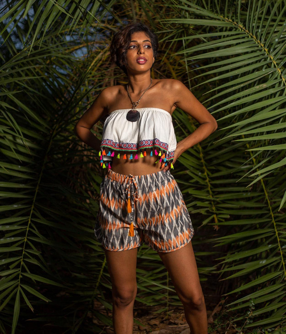 Orange-Grey Patterned Ikat Womens Shorts