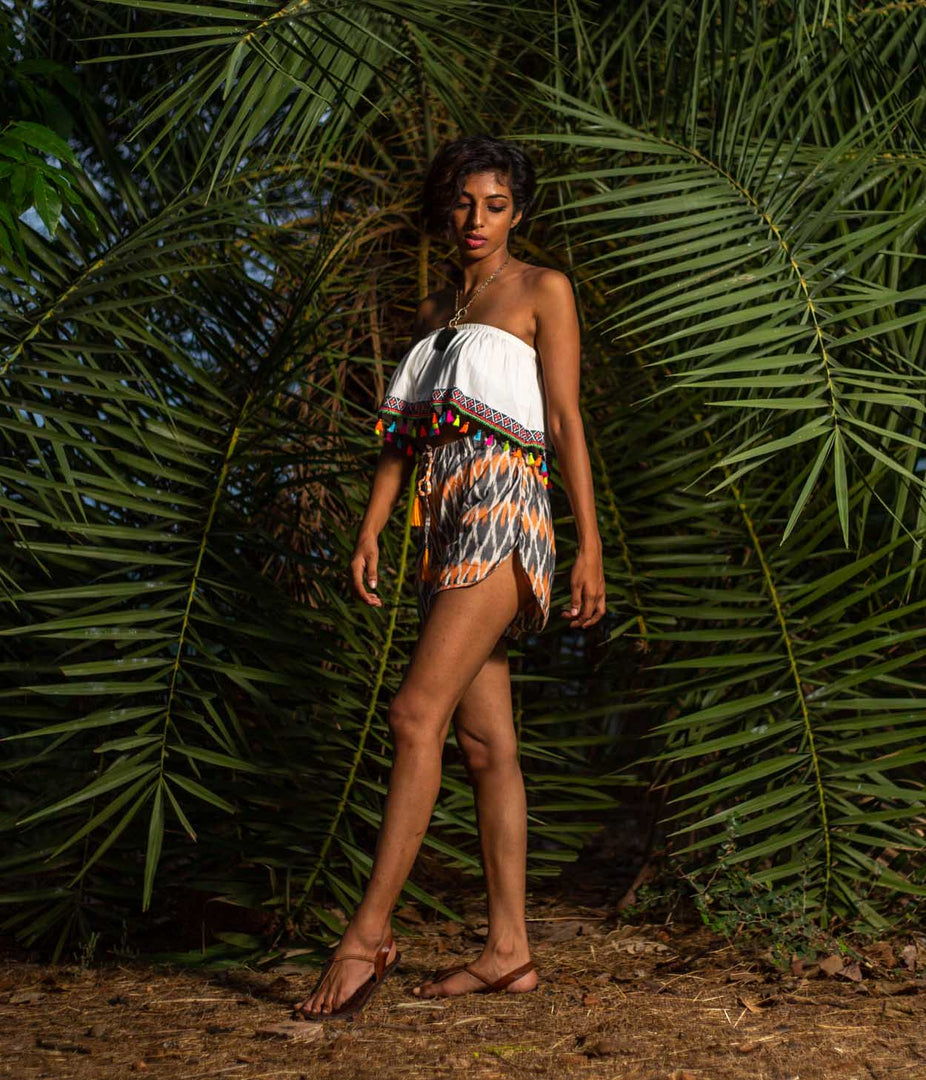 Orange-Grey Patterned Ikat Womens Shorts