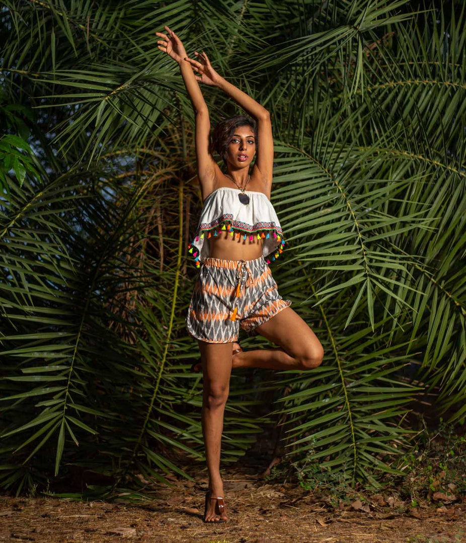 Orange-Grey Patterned Ikat Womens Shorts