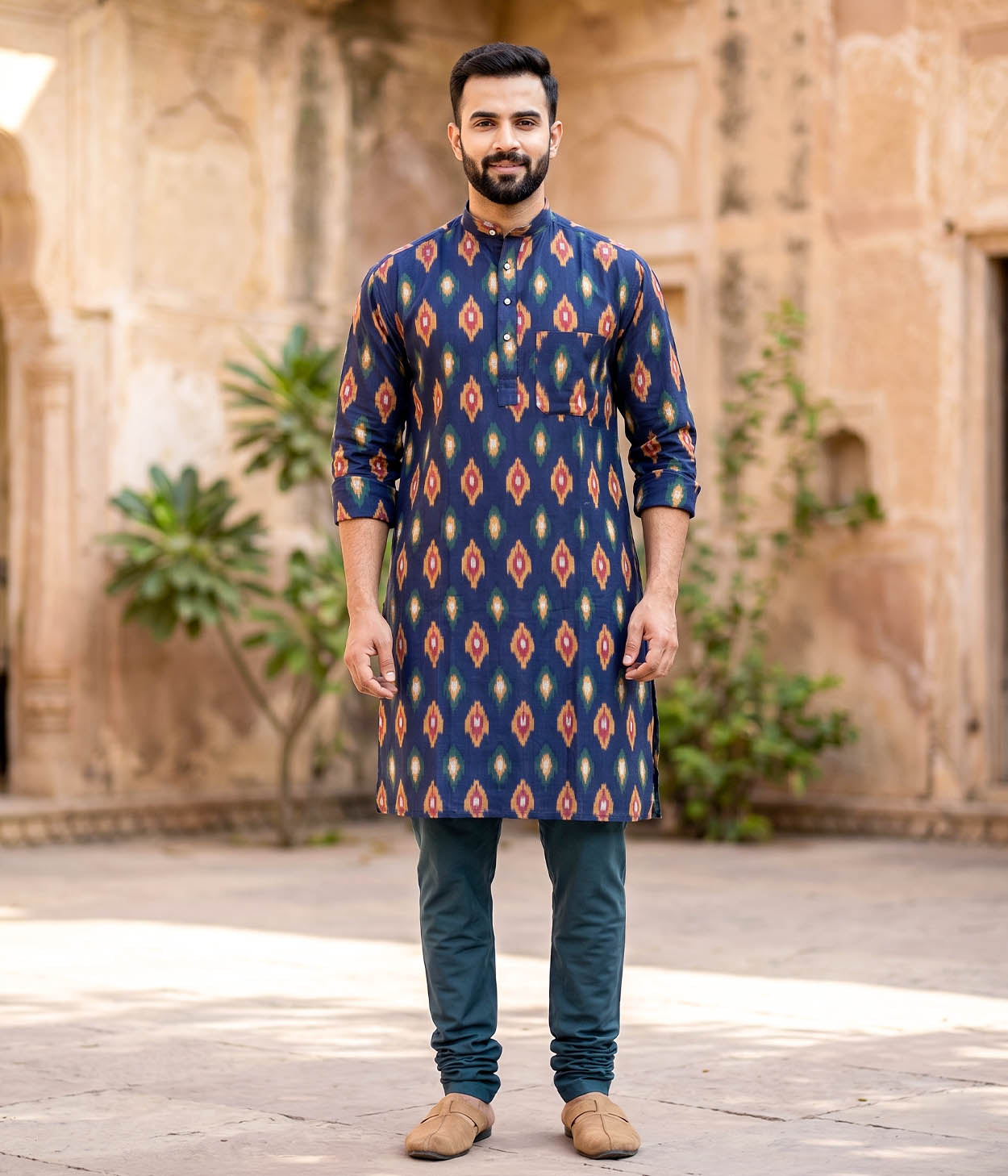 Deepline Ikat Woven Mens Long Kurta