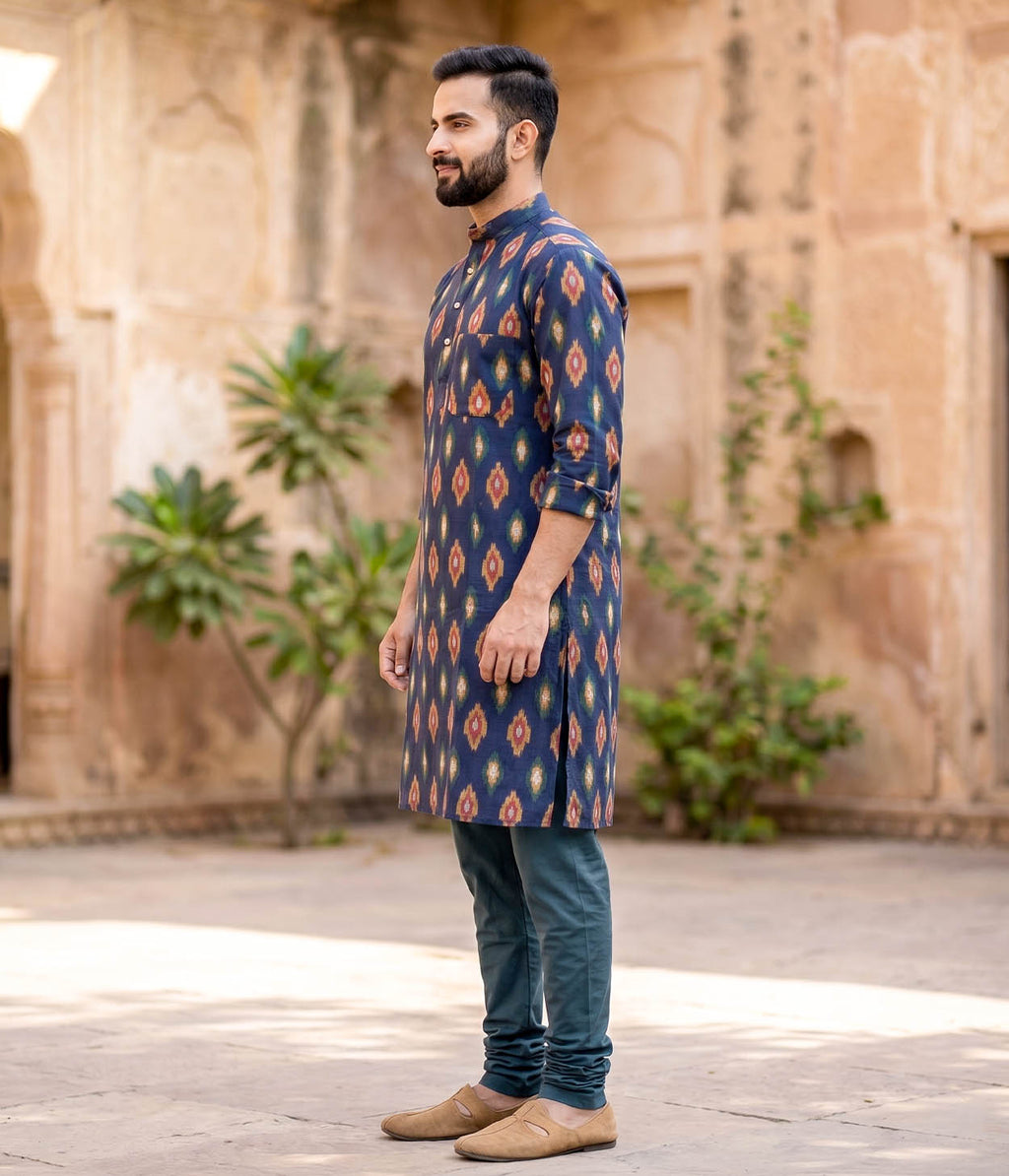 Deepline Ikat Woven Mens Long Kurta