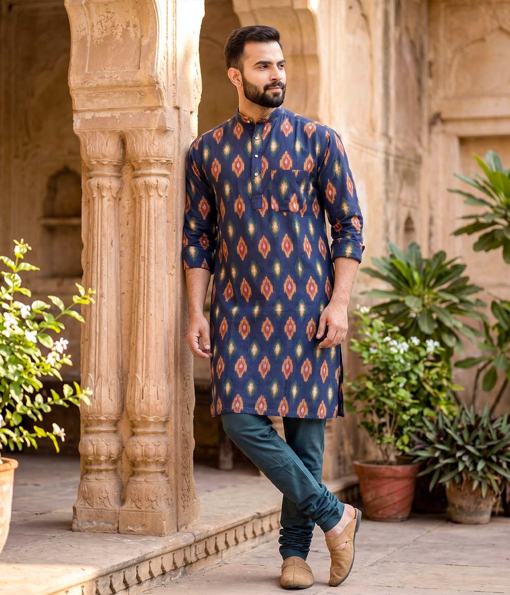 Deepline Ikat Woven Mens Long Kurta