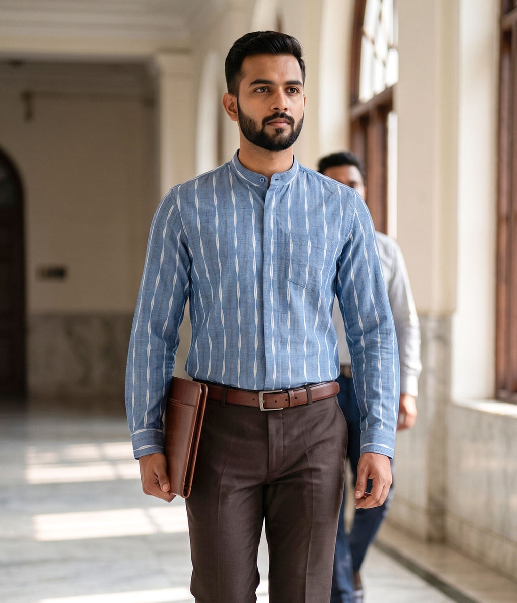 Denim Stripe Ikat Woven Full Shirt