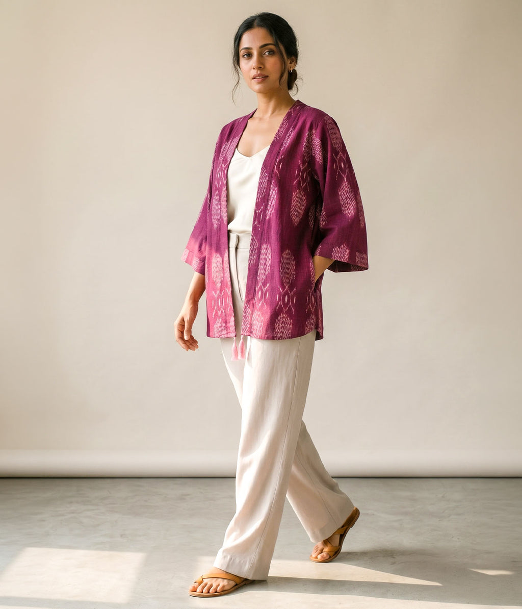 Wine Rhythm Ikat Woven Kimono