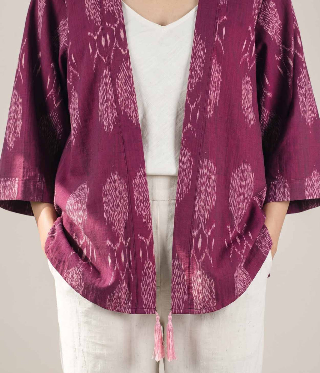 Wine Rhythm Ikat Woven Kimono