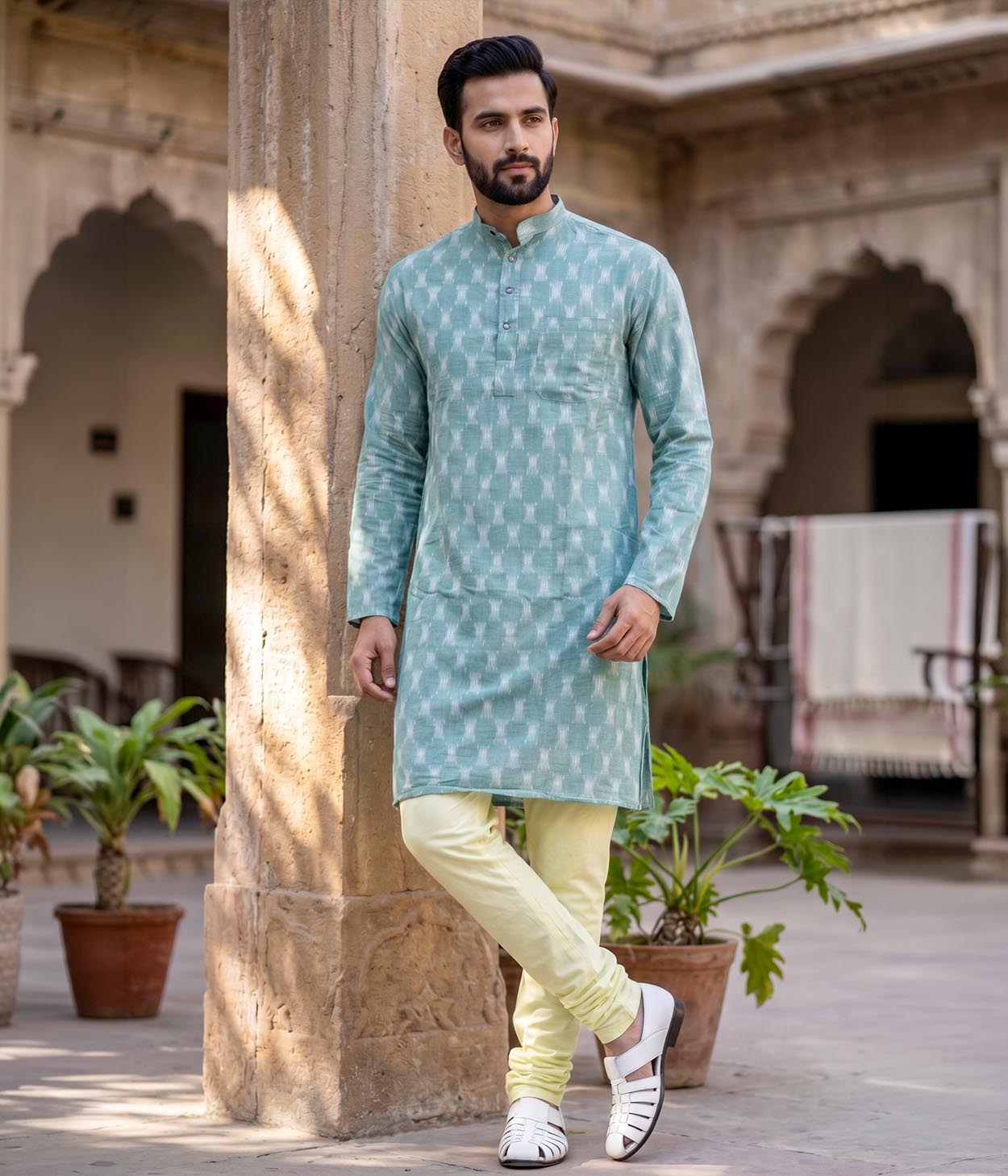 Aven Ikat Woven Mens Long Kurta