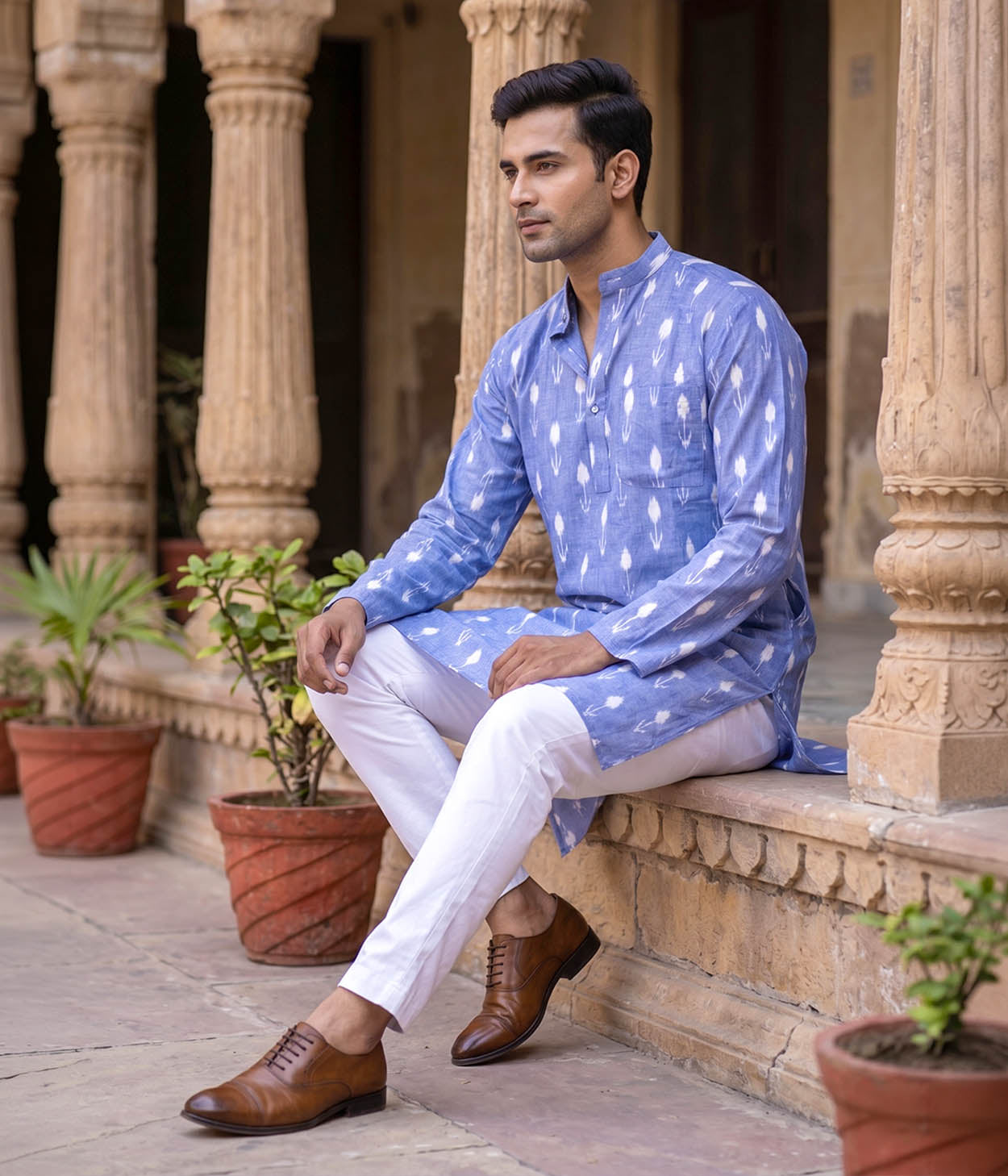 Azul Ikat Woven Mens Long Kurta