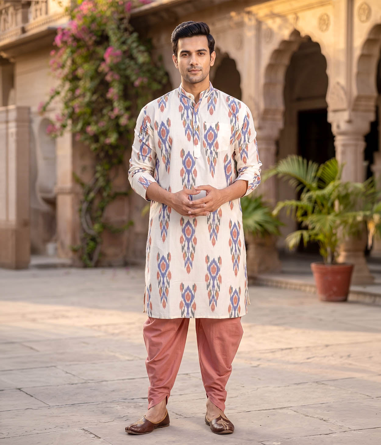 Courtyard Weave Ikat Woven Mens Long Kurta Main image
