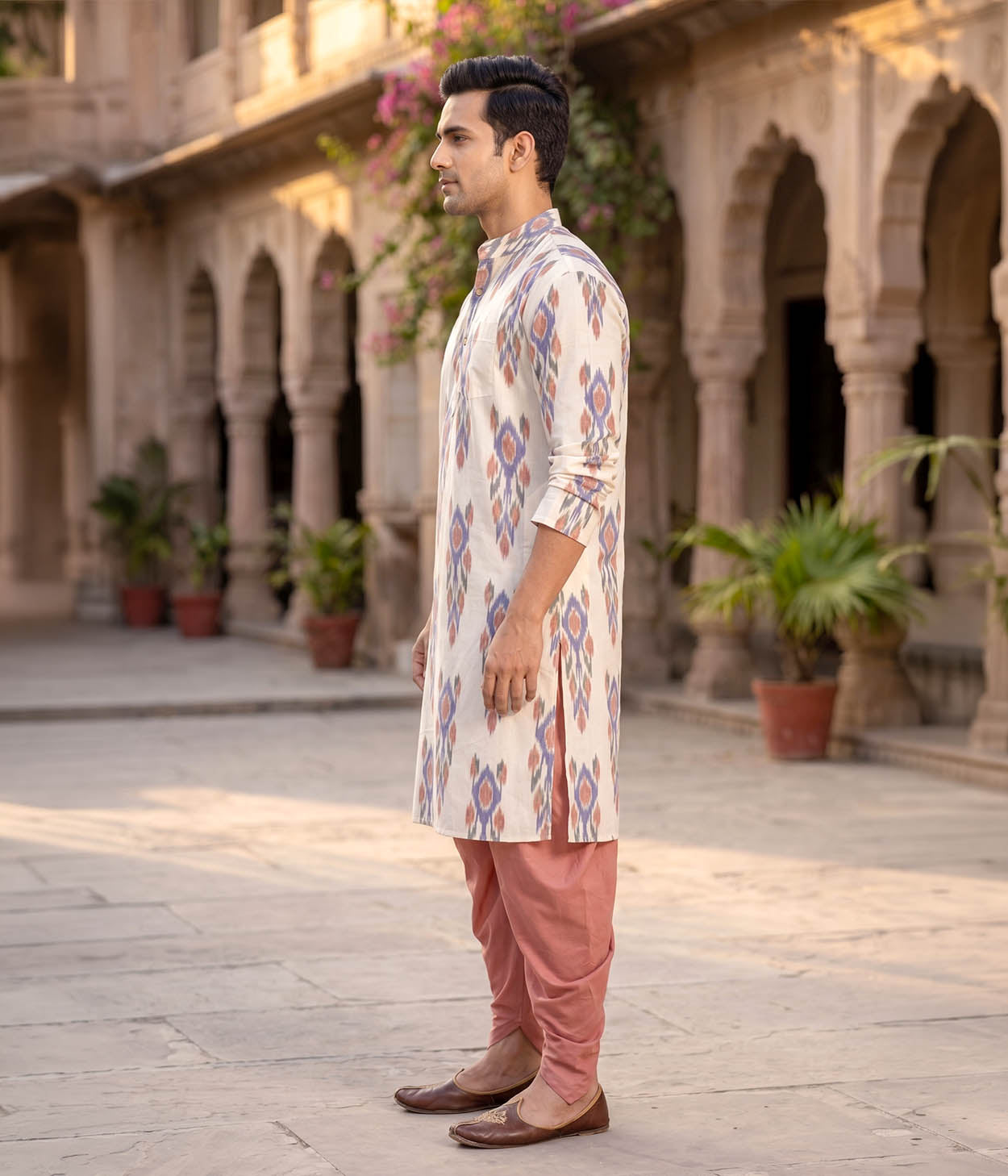 Courtyard Weave Ikat Woven Mens Long Kurta