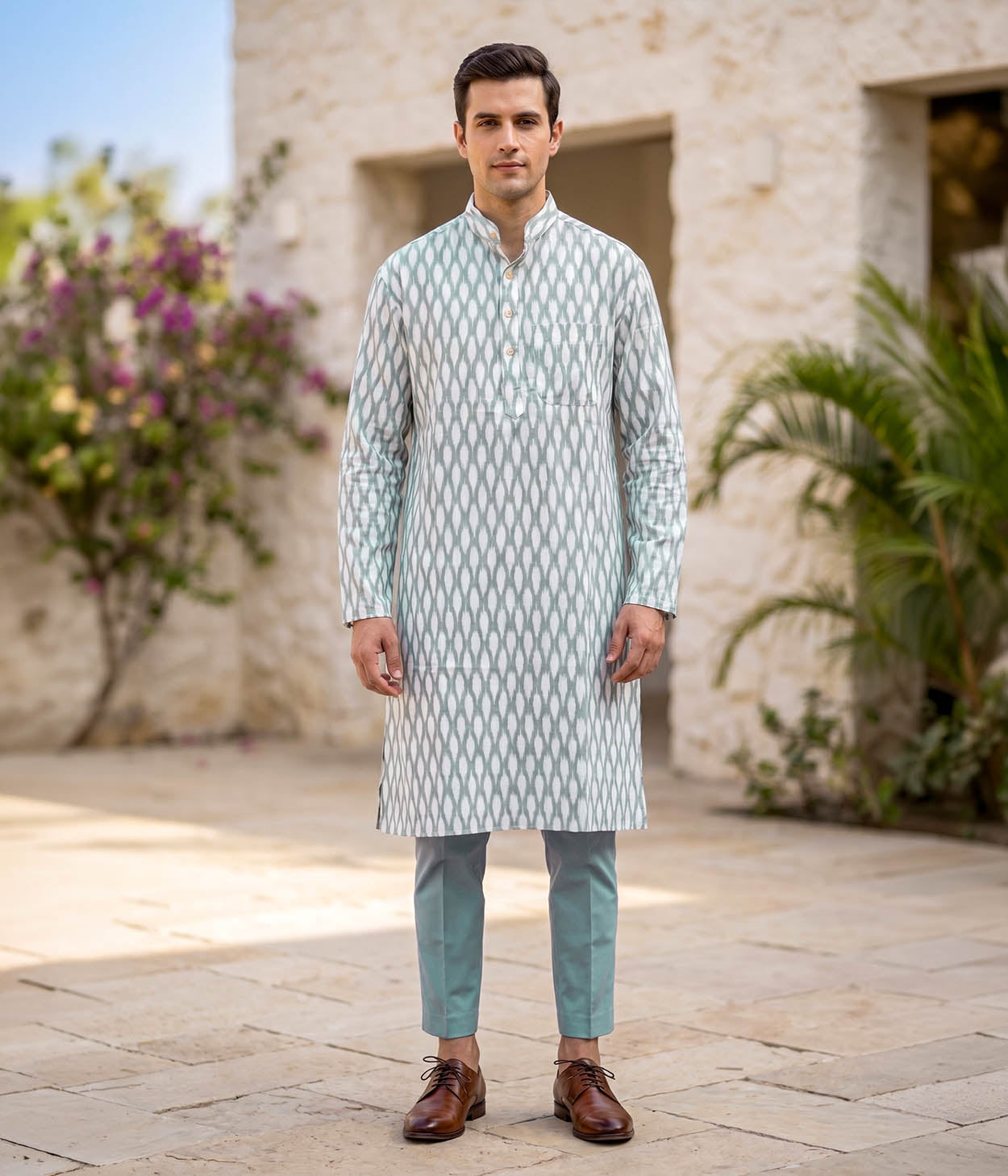 Grid Ikat Woven Mens Long Kurta Main image