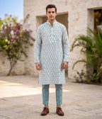 Grid Ikat Woven Mens Long Kurta