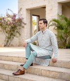 Grid Ikat Woven Mens Long Kurta