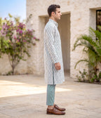 Grid Ikat Woven Mens Long Kurta