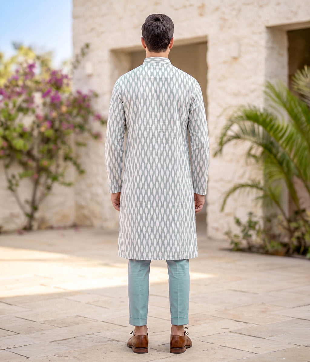 Grid Ikat Woven Mens Long Kurta