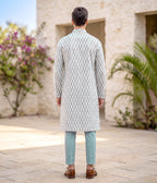 Grid Ikat Woven Mens Long Kurta