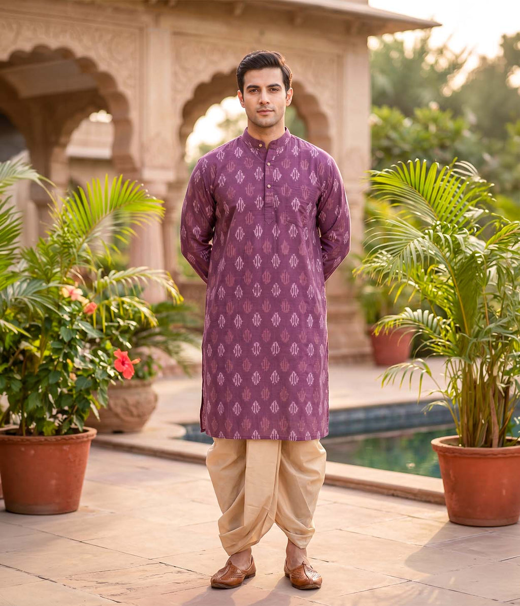Rising Ember Ikat Woven Mens Long Kurta