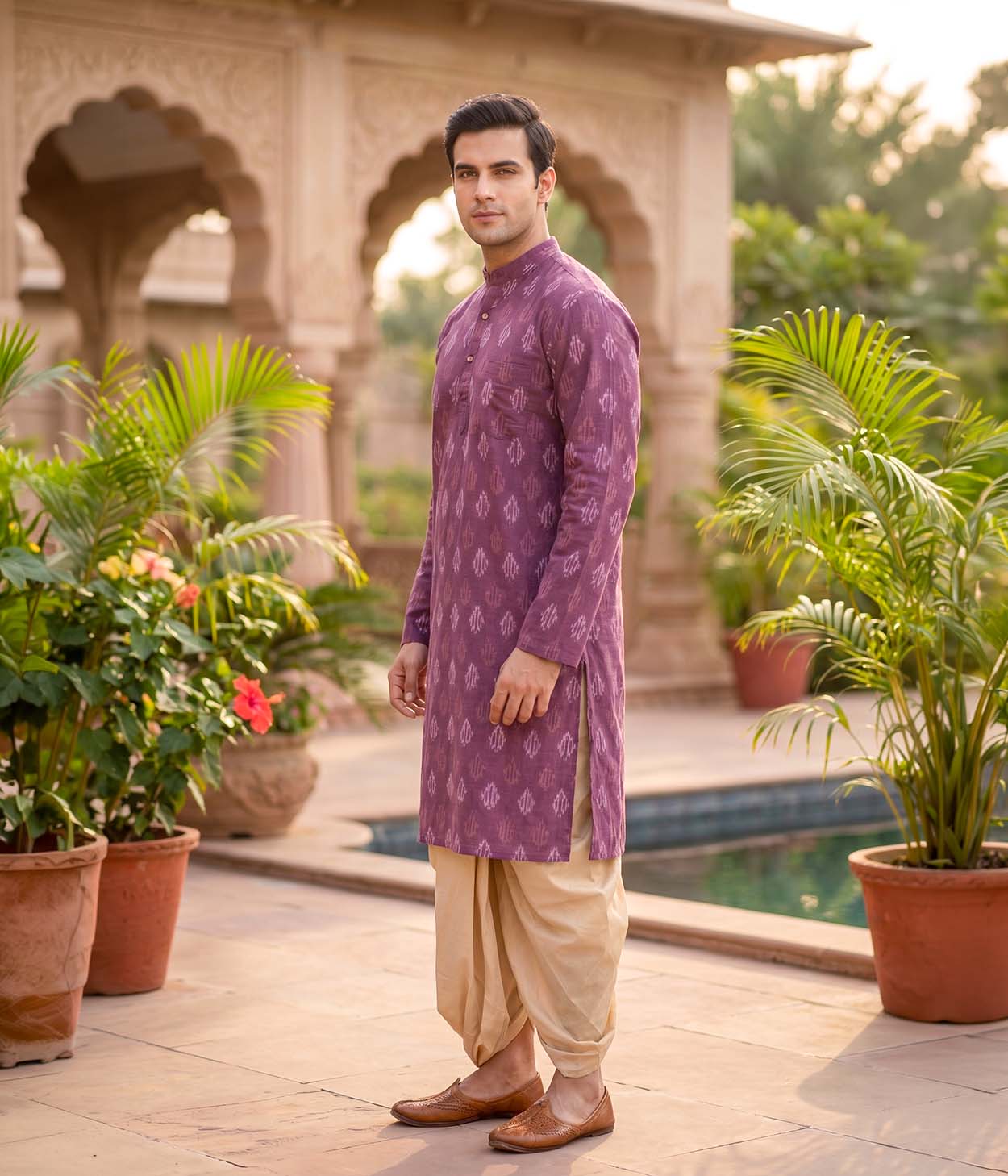 Rising Ember Ikat Woven Mens Long Kurta