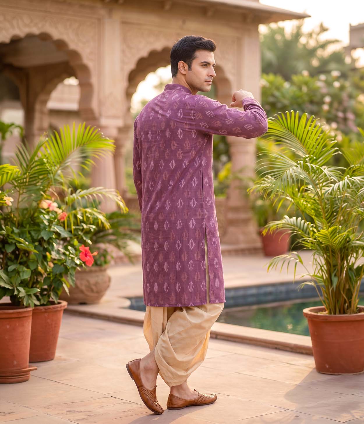 Rising Ember Ikat Woven Mens Long Kurta