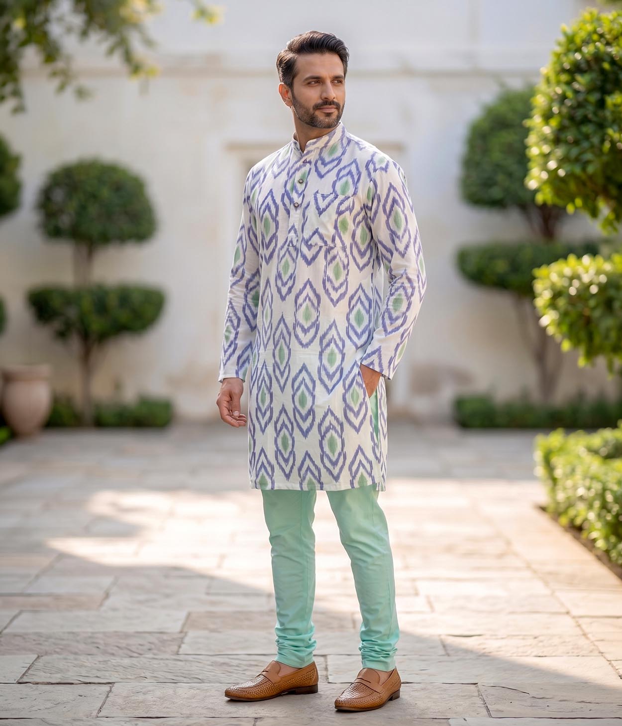 Mintline Ikat Woven Mens Long Kurta