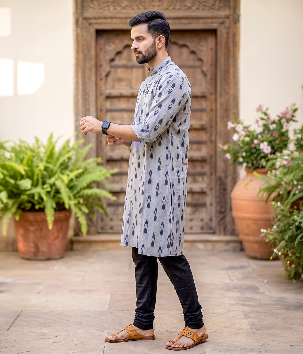 Onyx Ikat Woven Mens Long Kurta