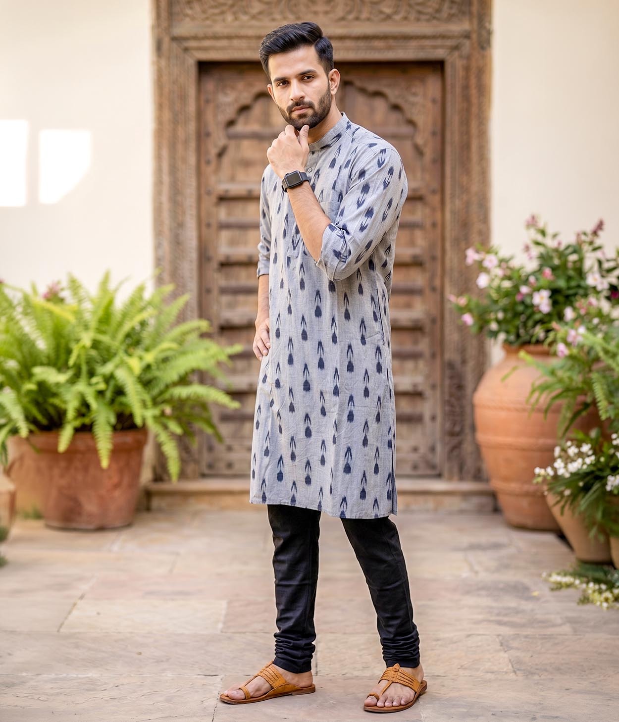 Onyx Ikat Woven Mens Long Kurta