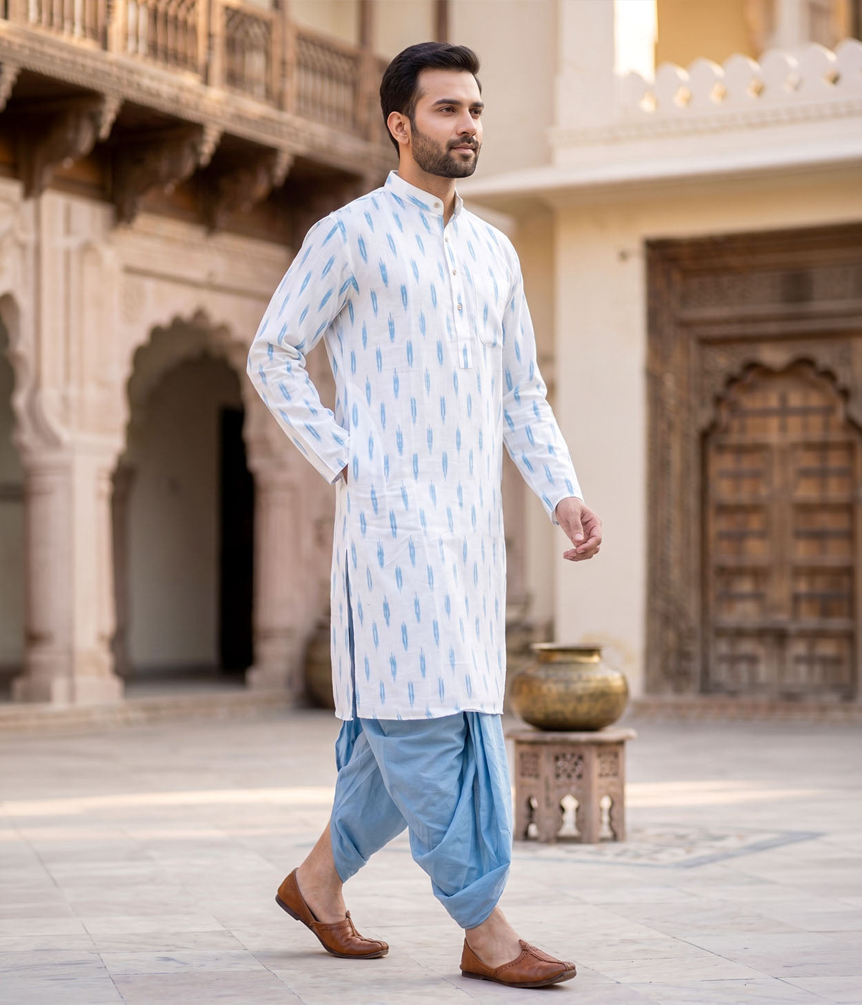 Sky Ikat Woven Mens Long Kurta