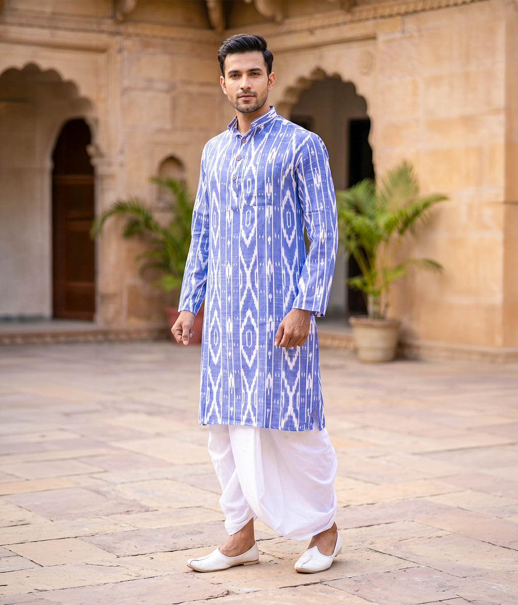 True Blue Ikat Woven Mens Long Kurta