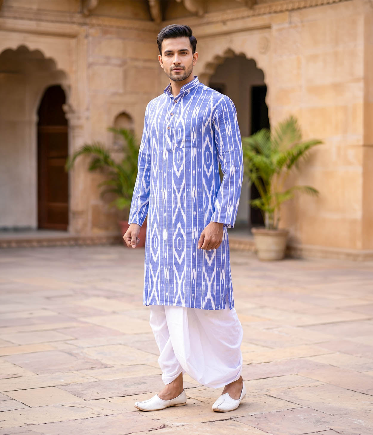 True Blue Ikat Woven Mens Long Kurta