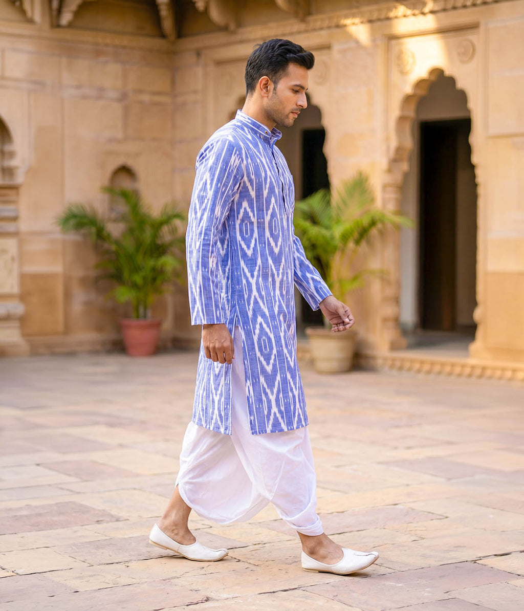 True Blue Ikat Woven Mens Long Kurta