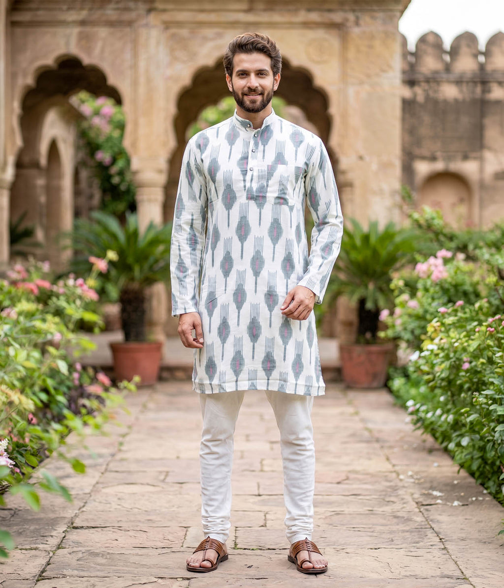 Verdant Ikat Woven Mens Long Kurta