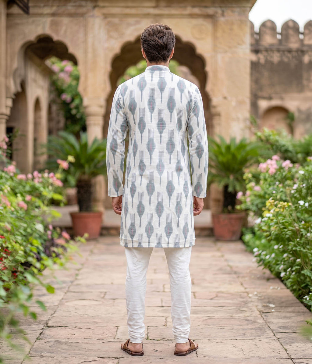 Verdant Ikat Woven Mens Long Kurta