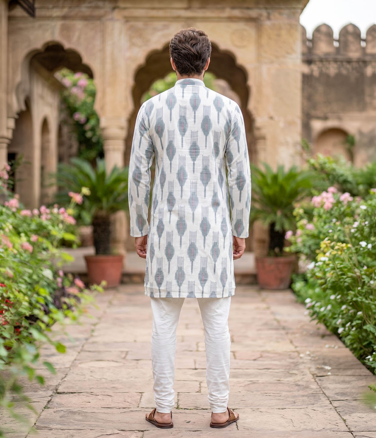 Verdant Ikat Woven Mens Long Kurta